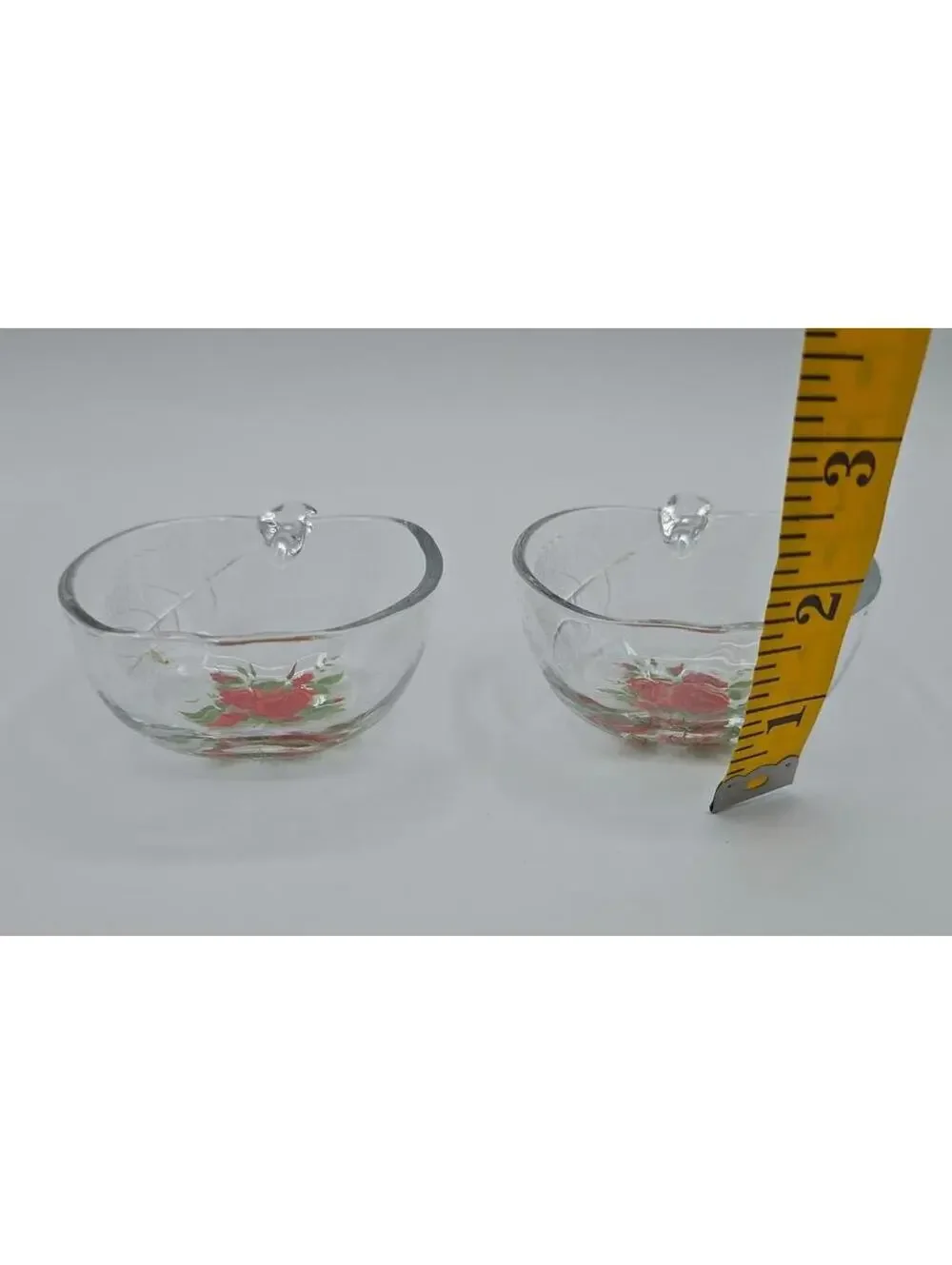 Vintage Jeannette Glass Apple Trinket Bowls Set 2 Rose Floral Candy Dishes